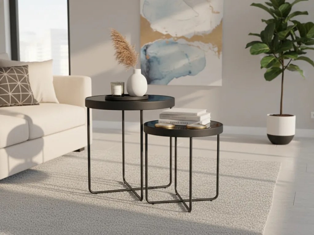 Stoliki pomocnicze ATENA GLASS zestaw 2 szt. Ø 40/45 cm, czarne