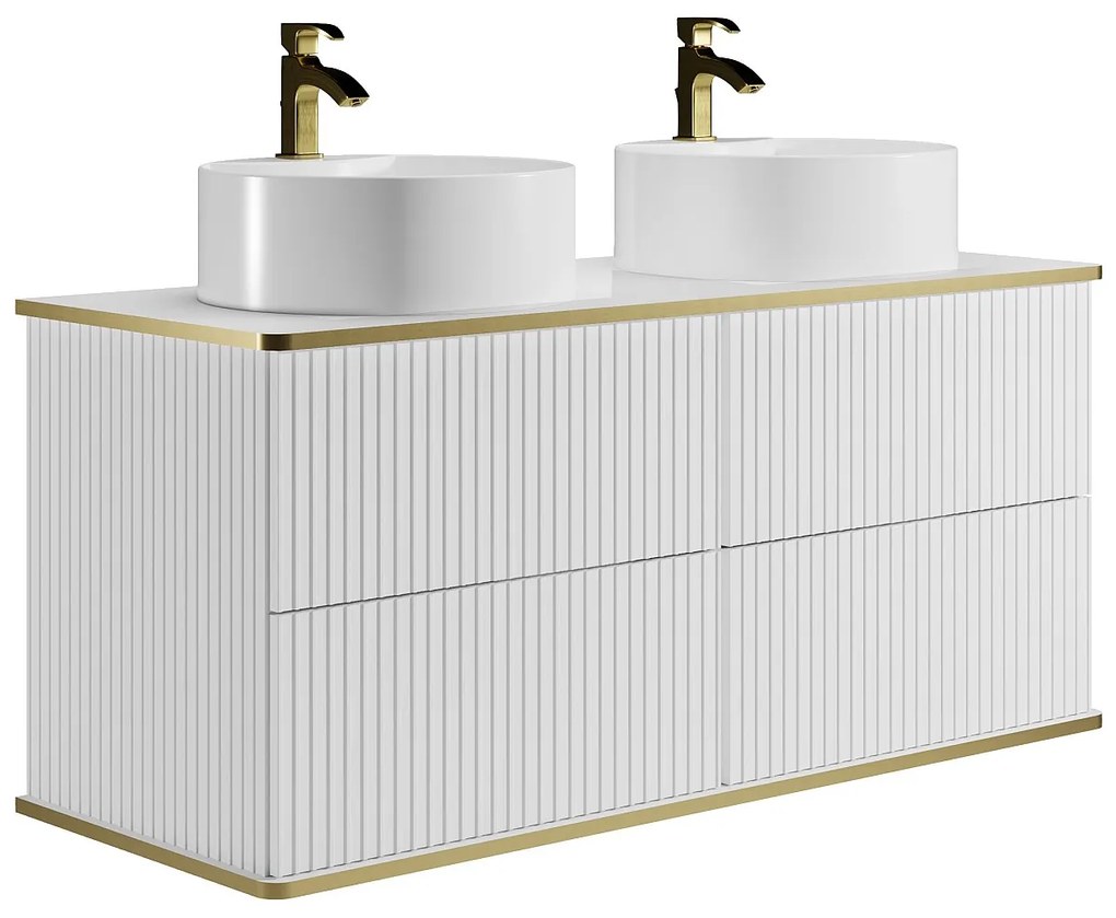 Szafka łazienkowa wisząca  ryflowana ze złotą listwą i dwoma okrągłymi umywalkami nablatowymi - Biały - 120 cm - KELIZA