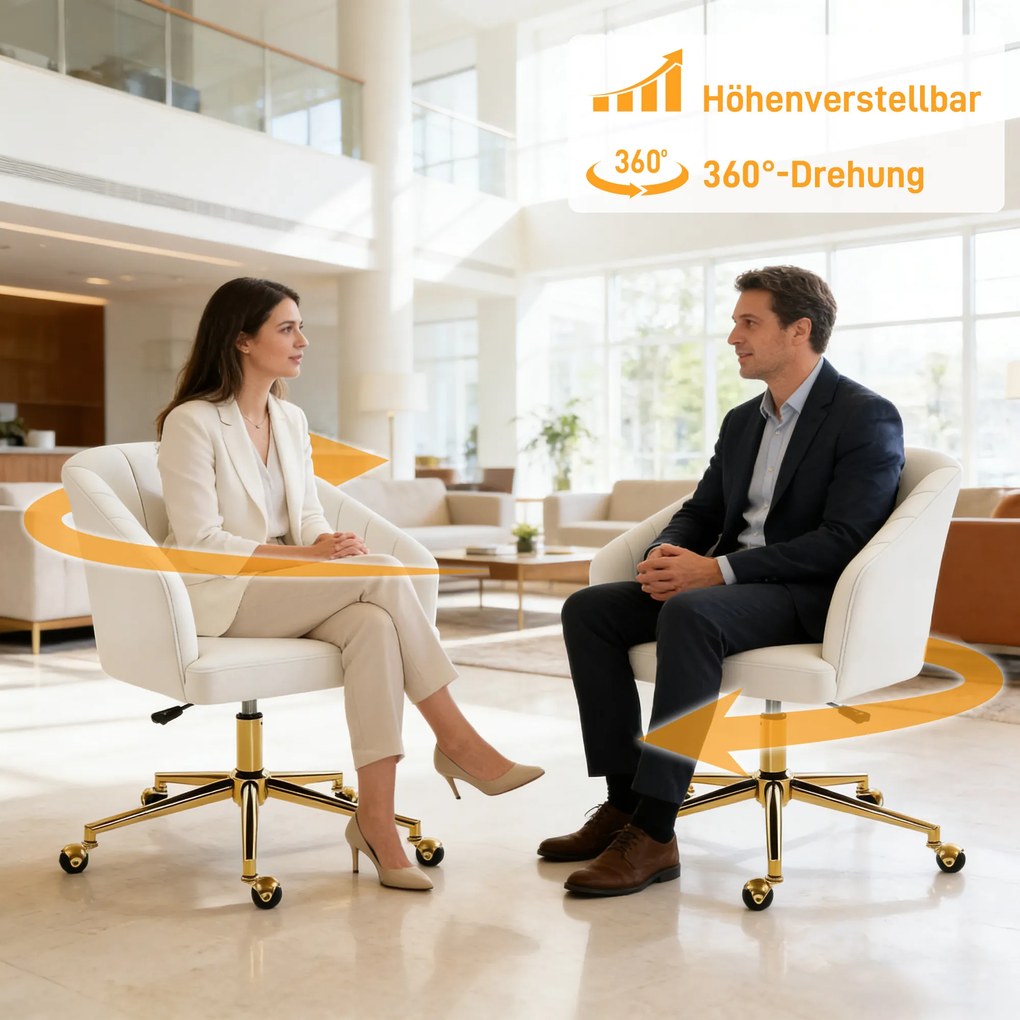 HOMCOM Fotel biurowy w aksamitnym stylu, wypełnienie piankowe, regulowany wysokościowo, na kółkach, stalowa podstawa, kremowy | Aosom PL