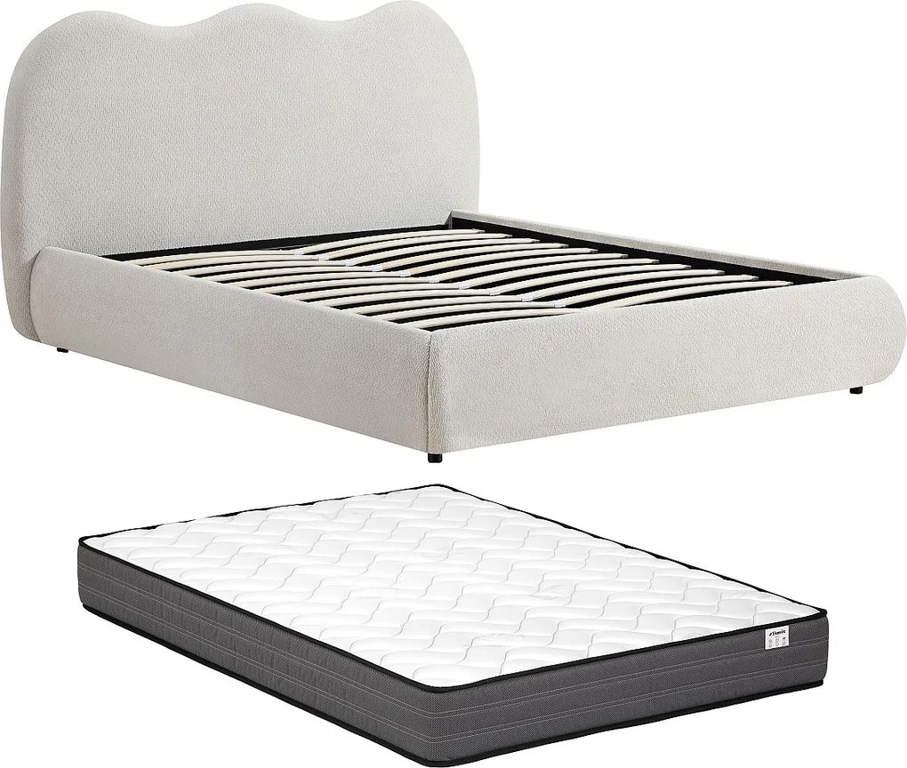 Łóżko ze skrzynią 180 x 200 cm – Tkanina teksturowana – Beżowe + Materac – OBALESA