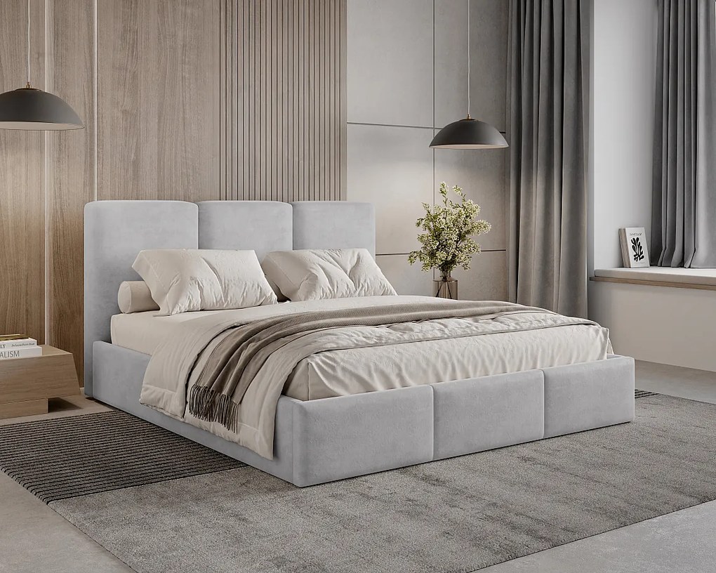 BESILIO Łóżko tapicerowane z pojemnikiem 180x200 Elora - Łóżko slim, ozdobne wezgłowie, stelaż metalowy- Jasnoszary