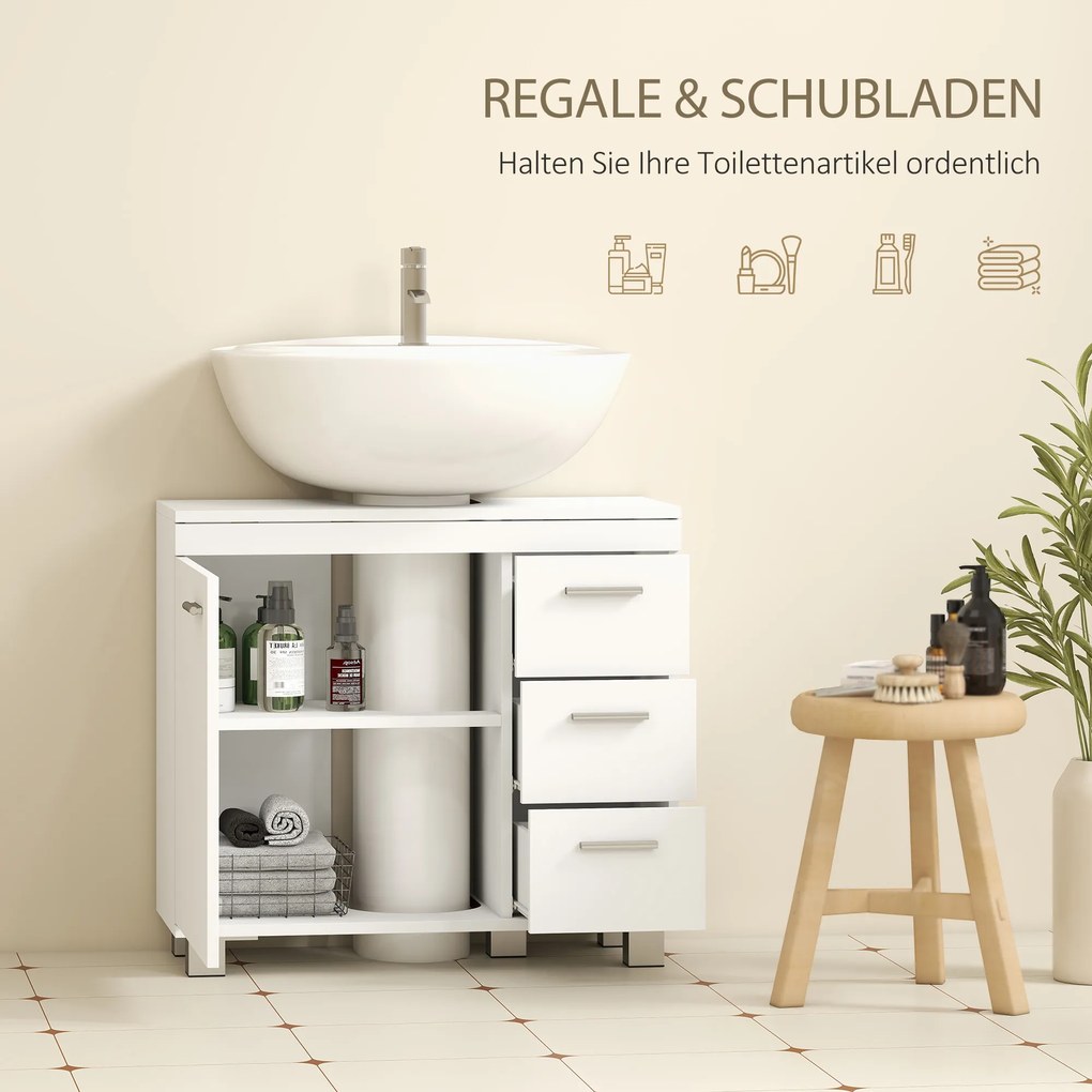 HOMCOM Szafka Pod Umywalkę - Biała Szafka Łazienkowa z 3 Szufladami i Regałem. Praktyczne Przechowywanie i Nowoczesny Design, 70 x 30 x 64 cm | Aosom PL