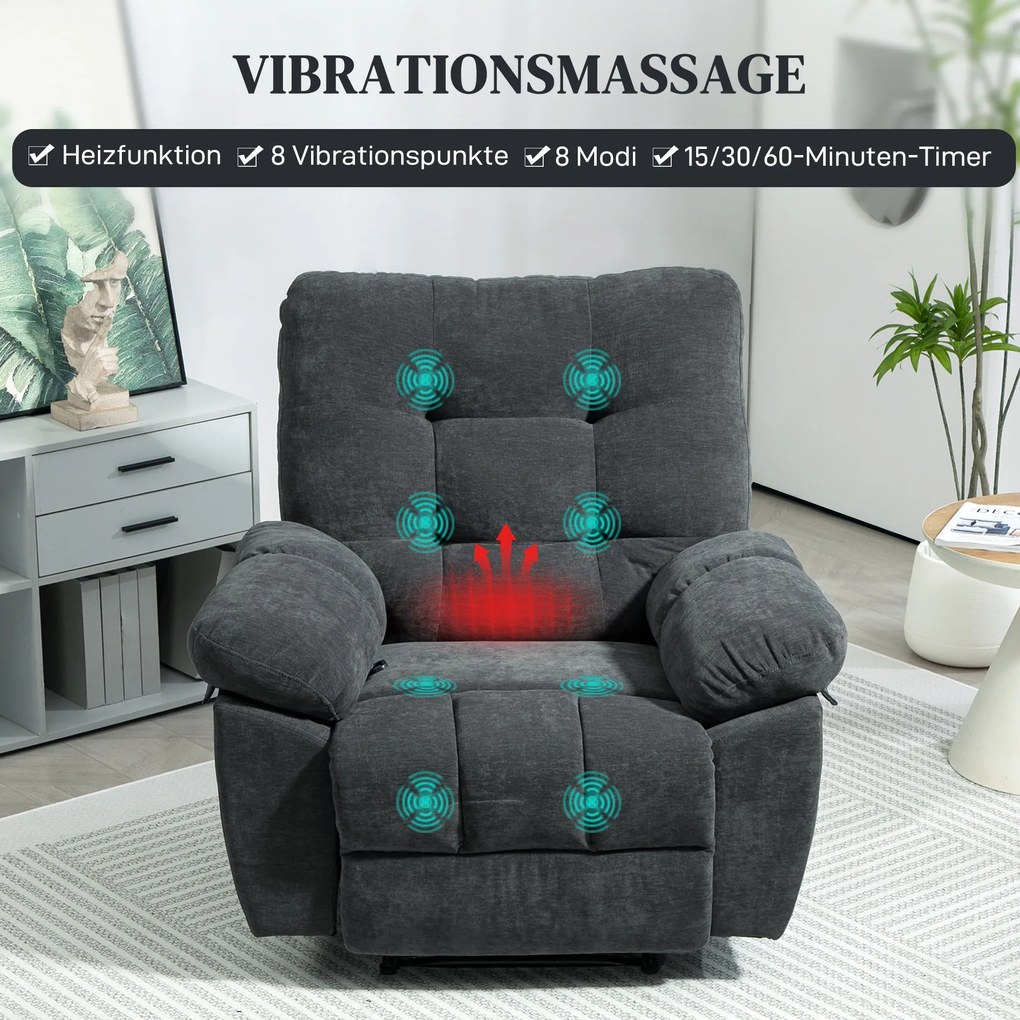 HOMCOM Fotel Recliner, Masażer Polstersessel z 8 Punkty Wibracji, Regulowanym Podnóżkiem, Boczną Kieszonką, Szary