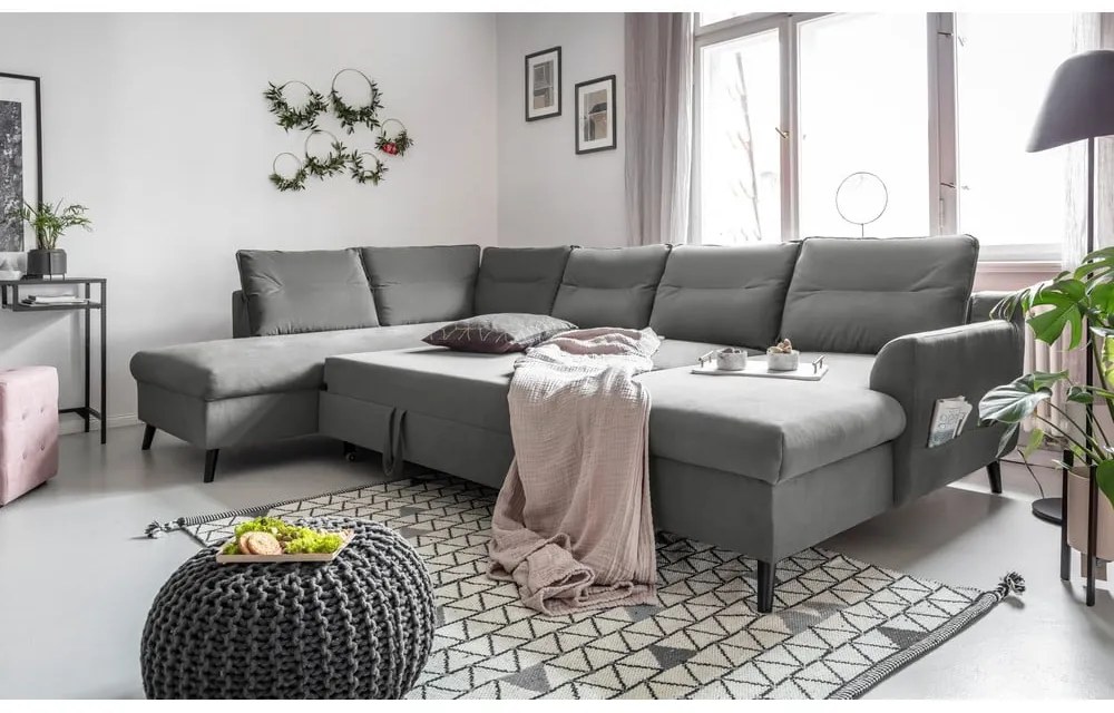 Jasnoszara aksamitna rozkładana sofa w kształcie litery "U" Miuform Stylish Stan, lewostronna