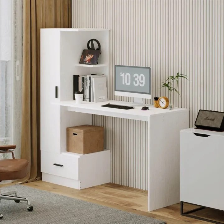 Biurko Komputerowe z Regałem 142 cm – Białe Loft do Biura i Pokoju