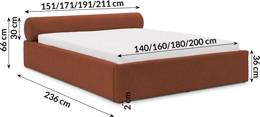 Tapicerowane łóżko dwuosobowe ze schowkiem i stelażem 160x200 cm w kolorze terakoty Cille – Ropez