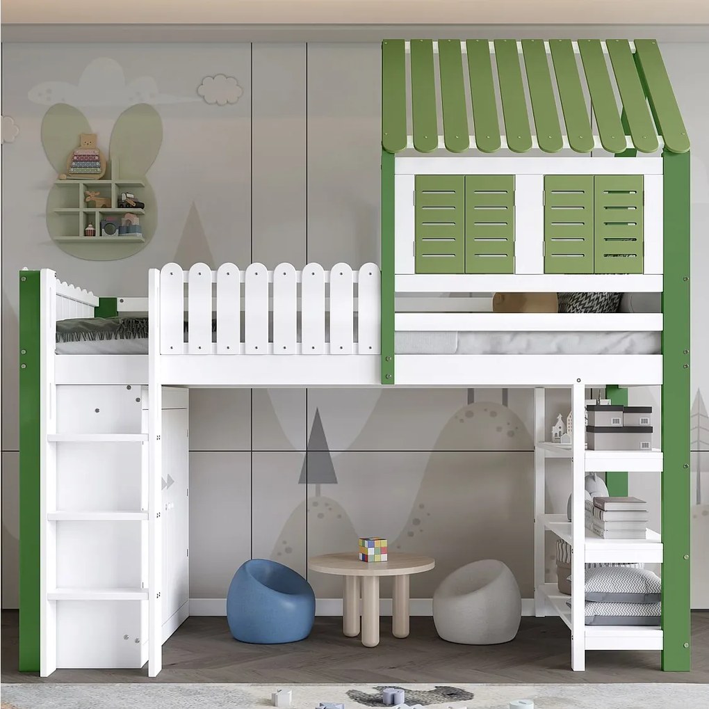 Łóżko piętrowe dla dzieci - 90 x 200 cm - z szafą + barierką zabezpieczającą + dach i okno - Sosna + MDF - Biały + Zielony