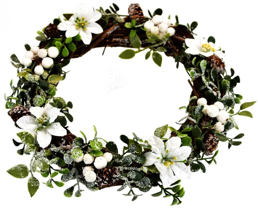 Wieniec świąteczny z wikliny White poinsettia, 30 cm