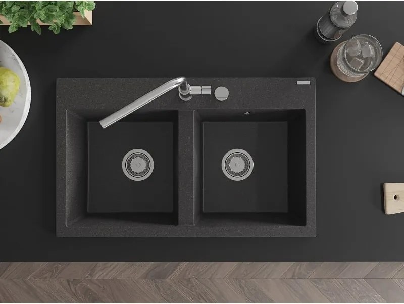 Mexen Hektor zlewozmywak granitowy 2-komorowy 800 x 480 mm, czarny nakrapiany, syfon chrom - 6521802000-76