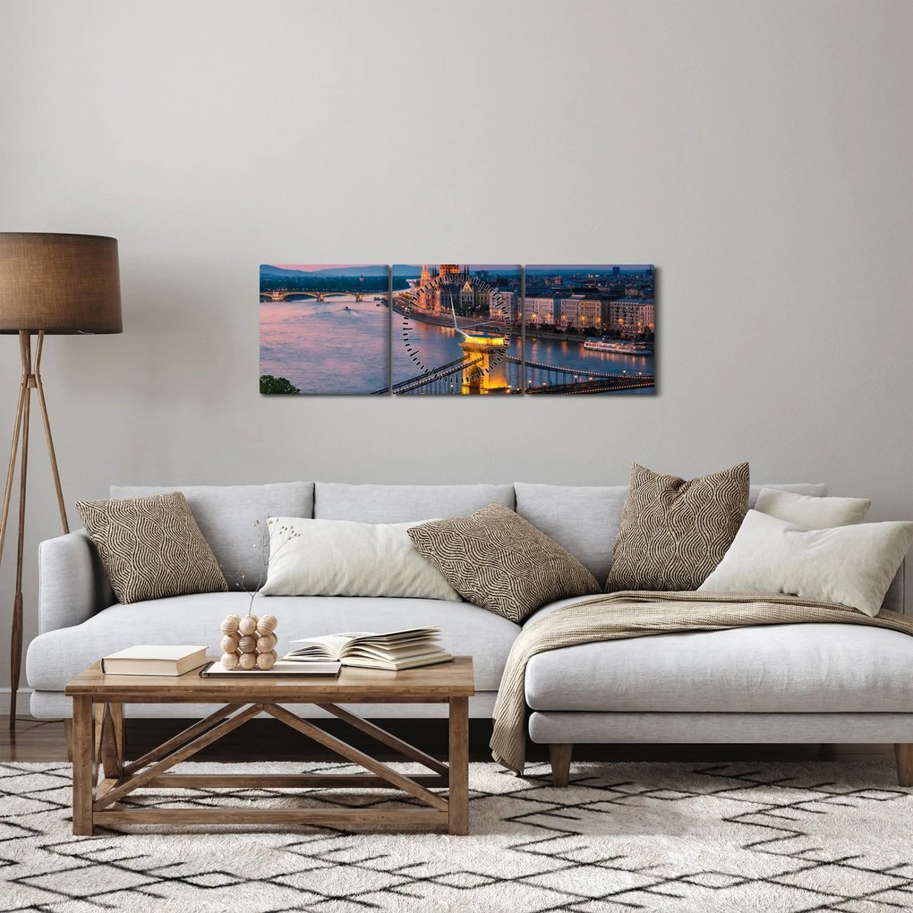 Obraz - Panorama miasta, Budapeszt, Węgry (z zegarem) (90x30 cm)