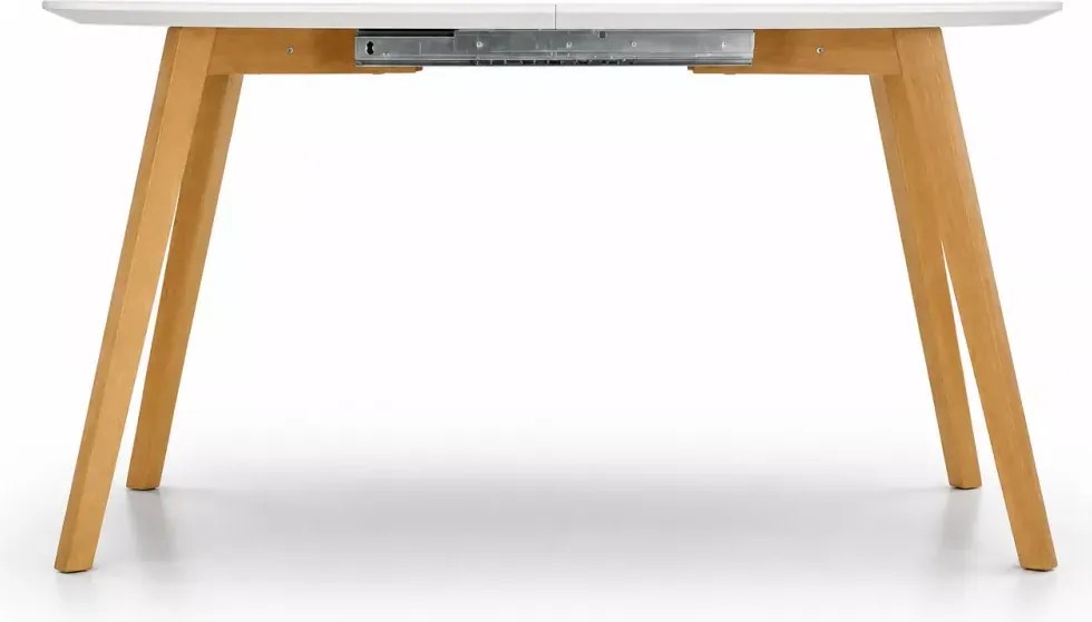 Nowoczesny stół Calipso półokrągły rozkładany 160-200 cm z białym blatem MDF i nogami ze stali w kolorze dąb san remo