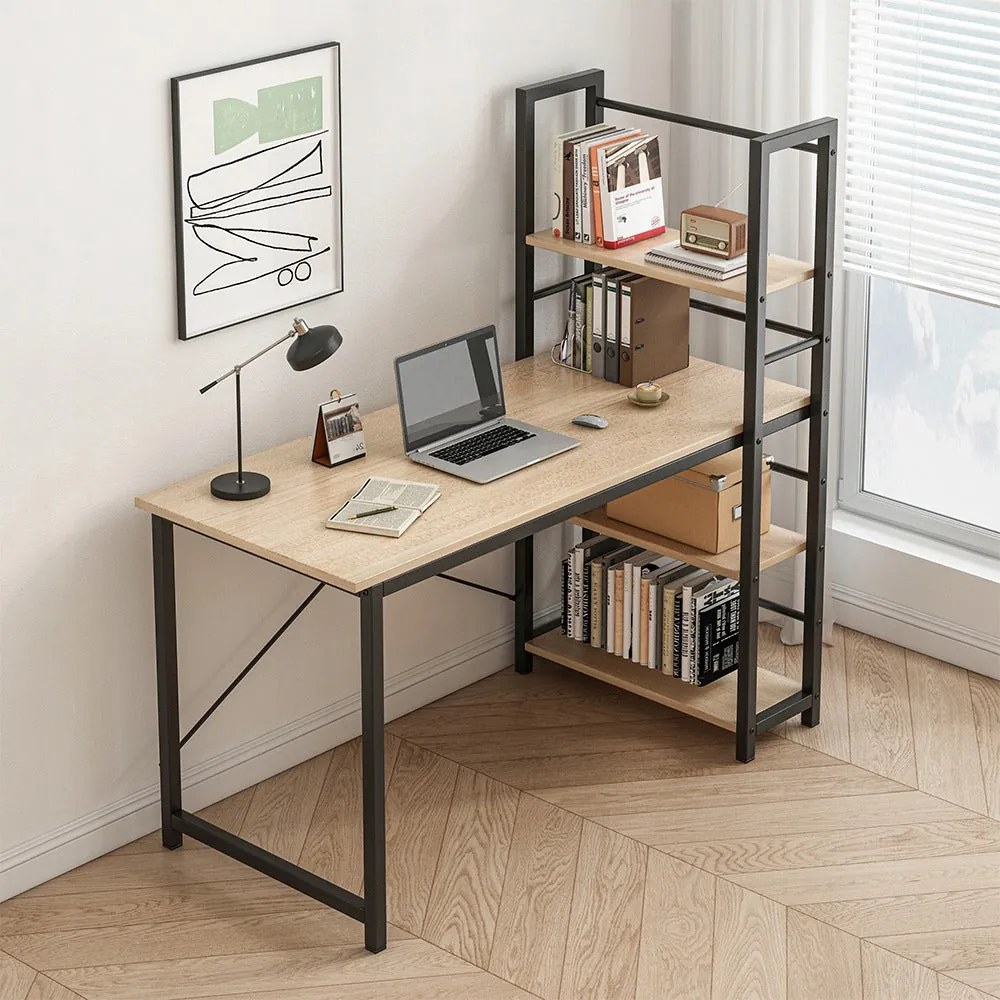 Biurko 2 w 1 z regałem - 119,5x48x120 cm - Kompaktowy design, jasny brąz, styl industrialny