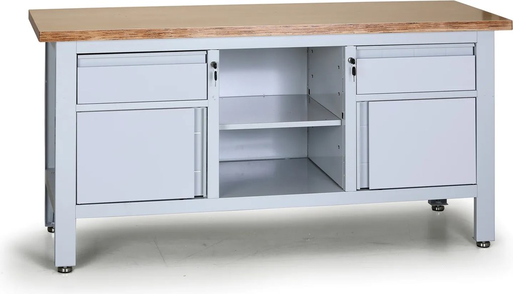 Stół warsztatowy G6, 2 szuflady, 2 szafki, 1 półka, 1690 x 600 x 860 - 900 mm, szary