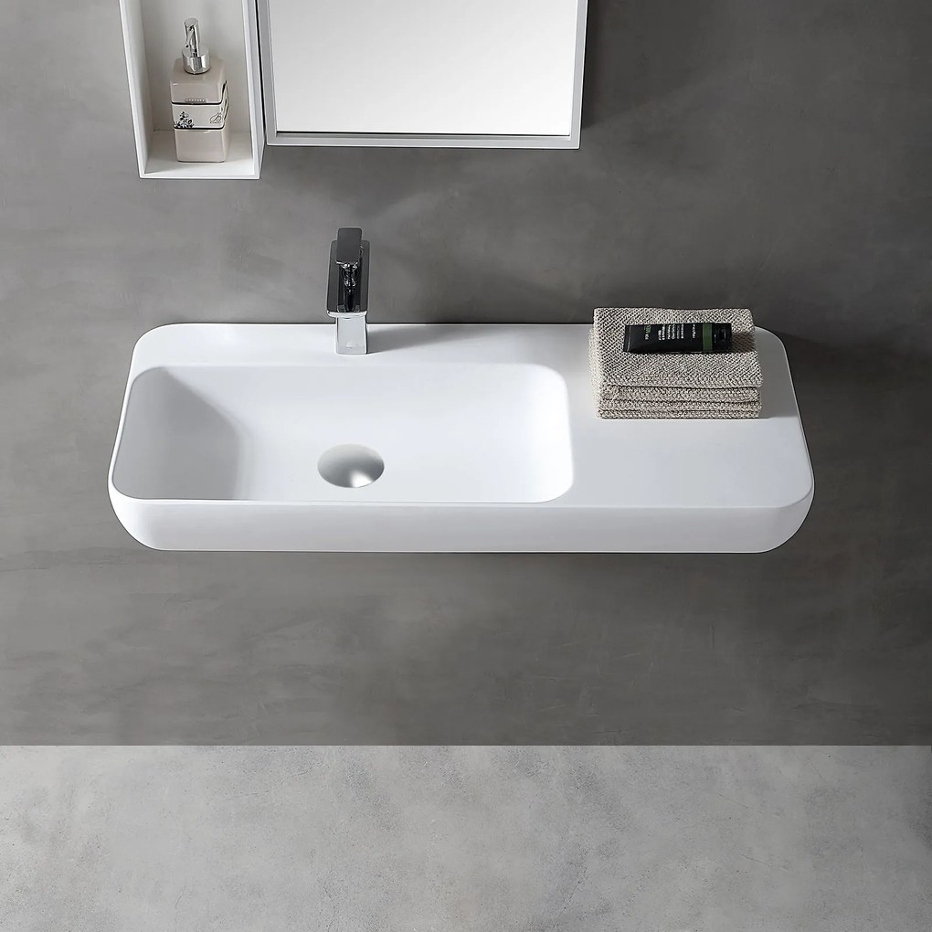 Umywalka ścienna nablatowa TWG202Odlew mineralny - Biały mat - 90 x 40 x 12 cm