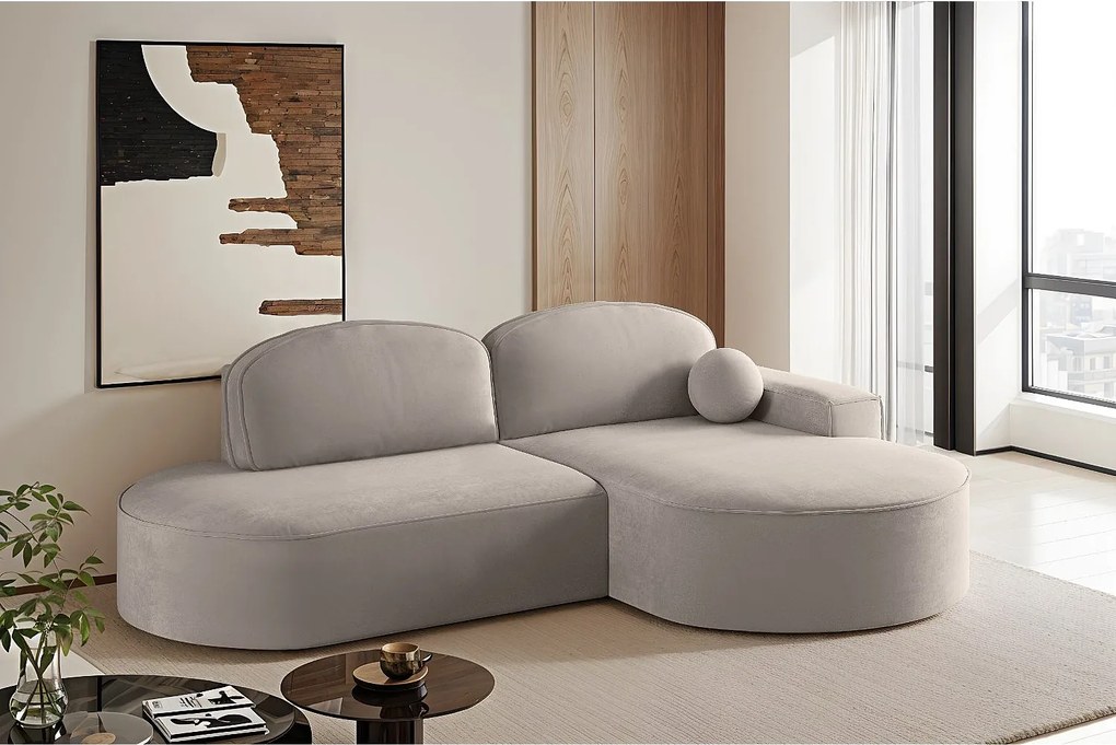 Narożnik z funkcją spania i pojemnikiem Modena Runden, tkanina Salvador, Jasnobeżowy, Prawy