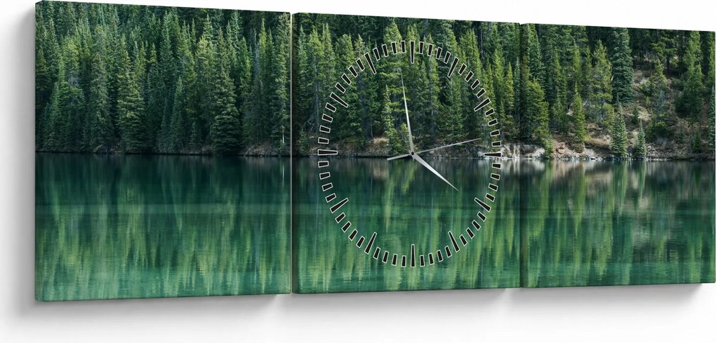 Obraz - drzewa iglaste nad jeziorem (z zegarem) (90x30 cm)