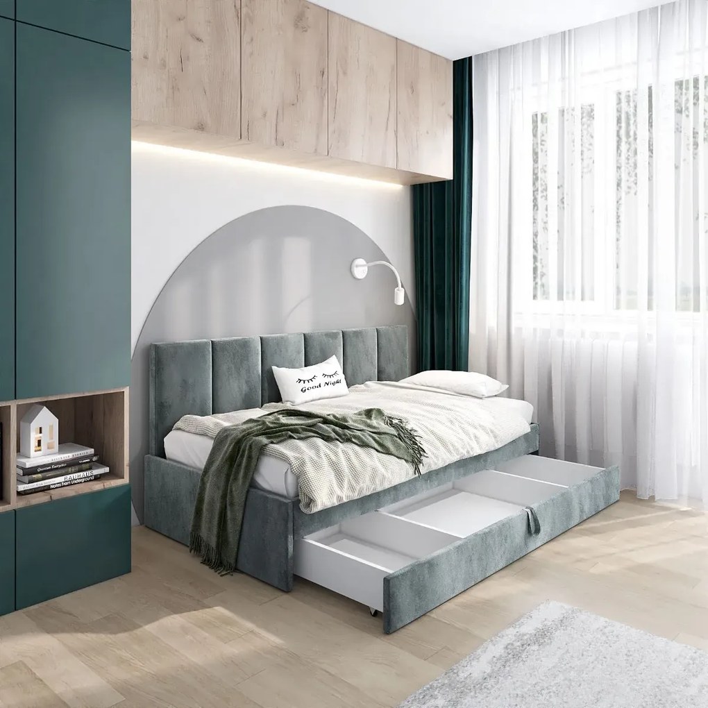 Łóżko młodzieżowe SORA 2 80x200 szare z tapicerowanym panelem i szufladą MKPOL