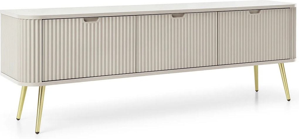 ZOVA RTV Szafka TV-Lowboard z żłobionymi frontami, metalowymi nogami, 3 drzwi, nowoczesny stolik TV, nogi metalowe złote, 168/57/39cm