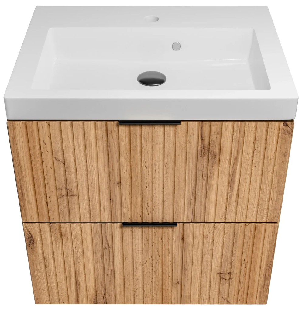 Szafka wisząca w kolorze naturalnego drewna z białą umywalką 60 x 46 cm ASTROS Light Oak