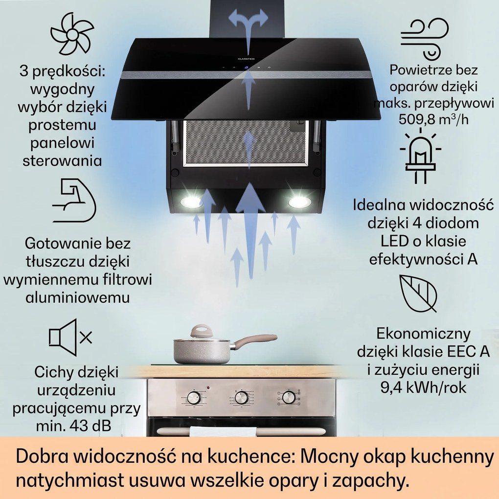 Klarstein Clara Smart 90cm 590m³/h Okap Przyścienny Skośny Czarny