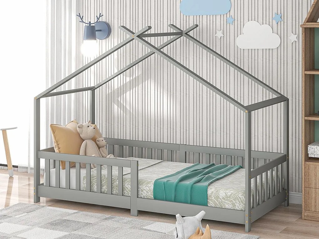 Łóżko piętrowe dla dzieci 90x200cm z litego drewna z zabezpieczeniem przed upadkiem i stelażem na listwy - Szary