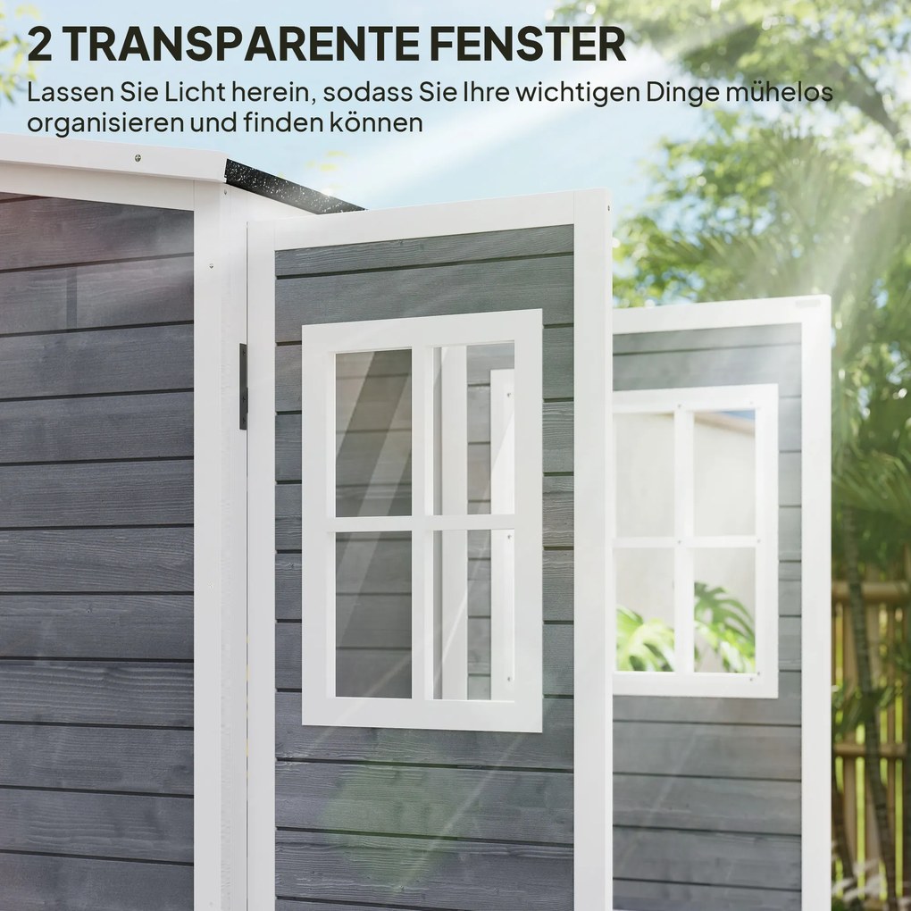 Outsunny Drewniany domek na narzędzia ogrodowe z 2 oknami, kotwami do gruntu, dachem z asfaltu, 91 x 69 x 192 cm, Sosna, Jasnoszary