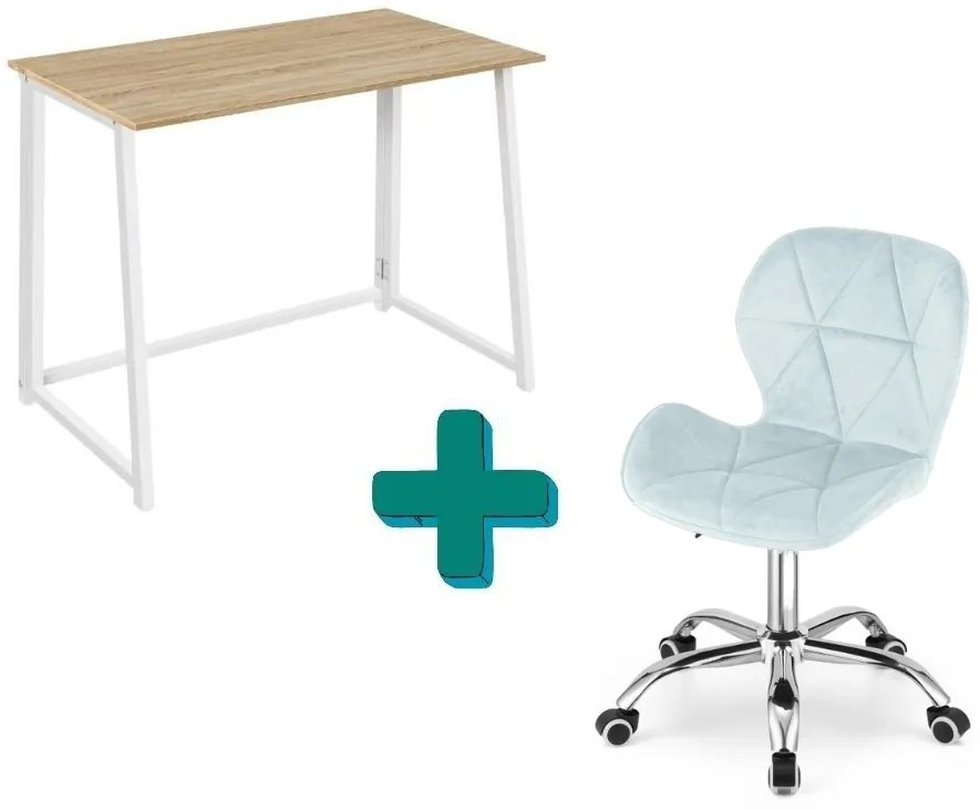 Zestaw do biura – składany stół ZARIMO 80×40 cm biały + krzesło biurowe AVOLA VELVET jasnoniebieskie