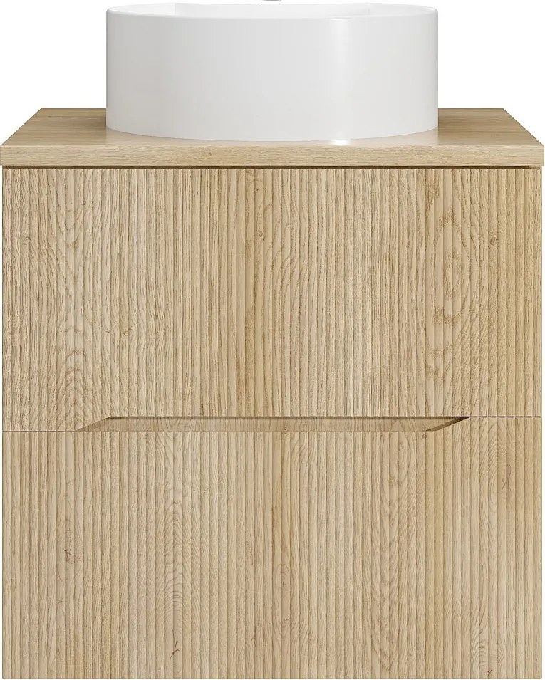 Szafka łazienkowa wisząca prążkowana z okrągłą umywalką nablatową – Jasny naturalny – 60 cm – ORISO