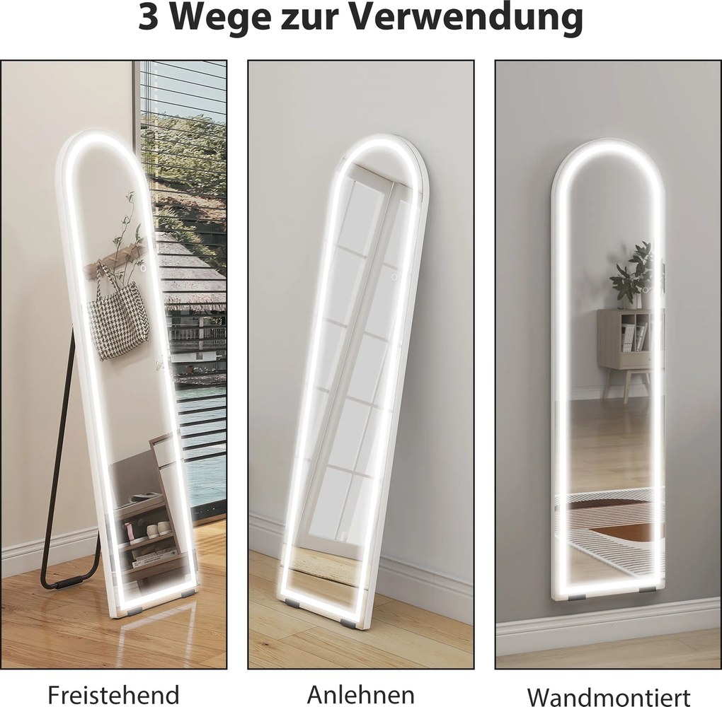 HOMCOM Lustro całopostaciowe z lampami LED, 150 x 40 cm, łukowe, ściemnialne, 3 kolory światła, wolnostojące lub do montażu na ścianie, biały