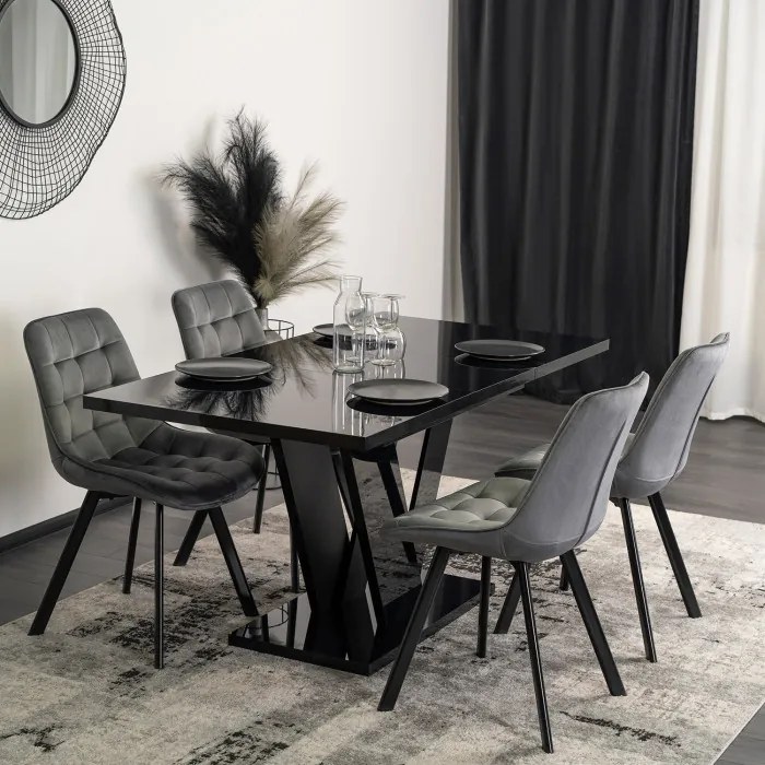 Zestaw Stół Prostokątny Rozkładany CLARK 120-160 cm Czarny Połysk i 4 Krzesła Tapicerowane RICK Szare Welurowe