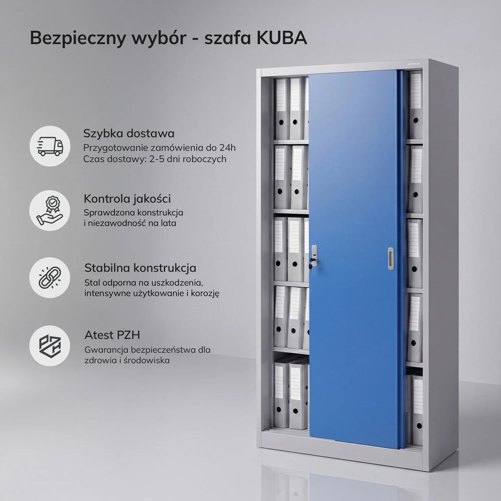 Biurowa szafa metalowa z drzwiami przesuwnymi szaro-niebieska, 900x1850x400 mm: KUBA