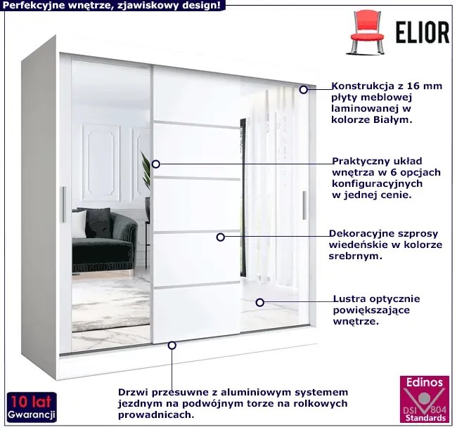 Biała szafa przesuwna z lustrem 200 cm - Ebia 6X
