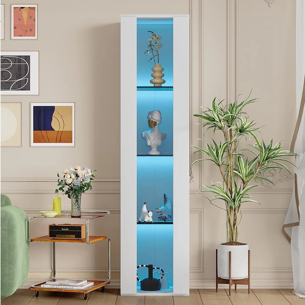 Wielofunkcyjna gablota wystawowa - 40 x 29 x 170 cm - z drzwiami szklanymi + diody LED - PB + Szkło - biała