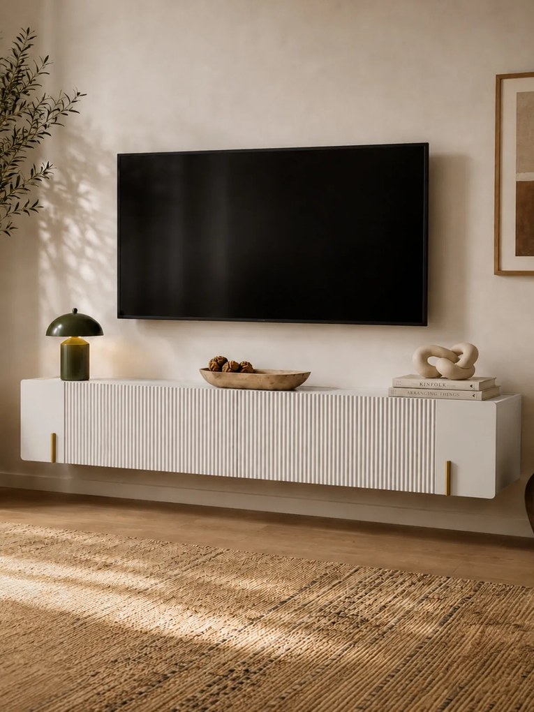 Szafka RTV Malmi 200 cm wisząca - kaszmir / crema bianca / złoty