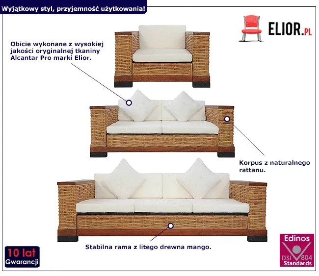 3-częsciowy 6-osobowy zestaw wypoczynkowy z naturalnego rattanu Lotra