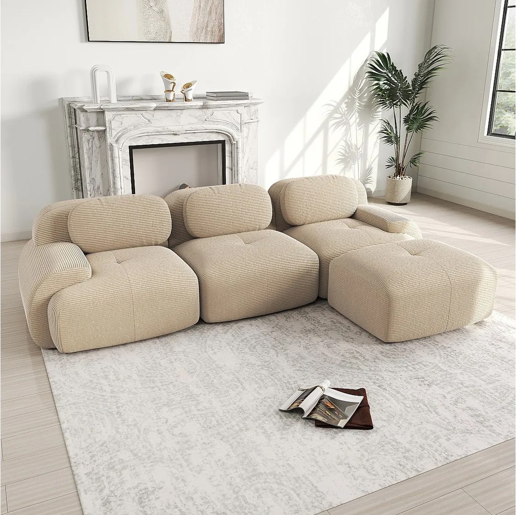 Beżowa sofa narożna - sofa 3-osobowa z zaokrąglonymi podłokietnikami i ozdobnymi poduszkami - sztruks