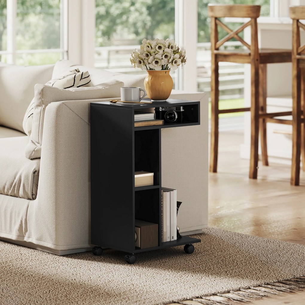 HOMCOM Stolik boczny, wózek serwisowy w kształcie C, 4 kółka, 3 przegródki, 40 x 30 x 69 cm, czarny