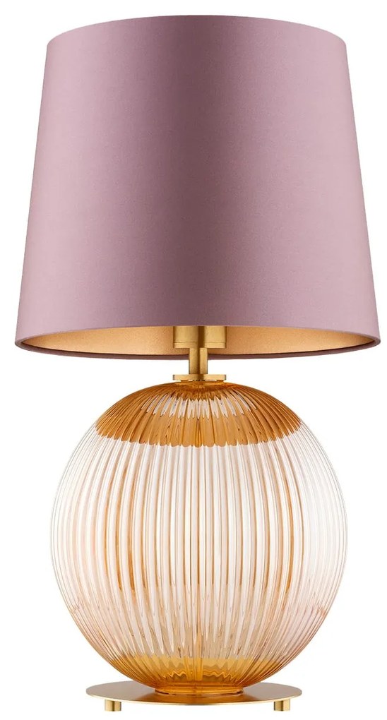 Lampa stołowa do salonu Hamilton – szkło ryflowane miodowe, abażur brudny róż, elegancka oświetleniowa ozdoba salonu