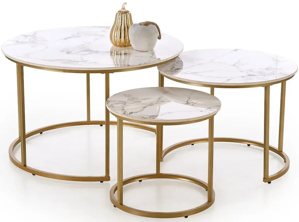 Wsuwany zestaw stolików kawowych biały + złoty E0-R87