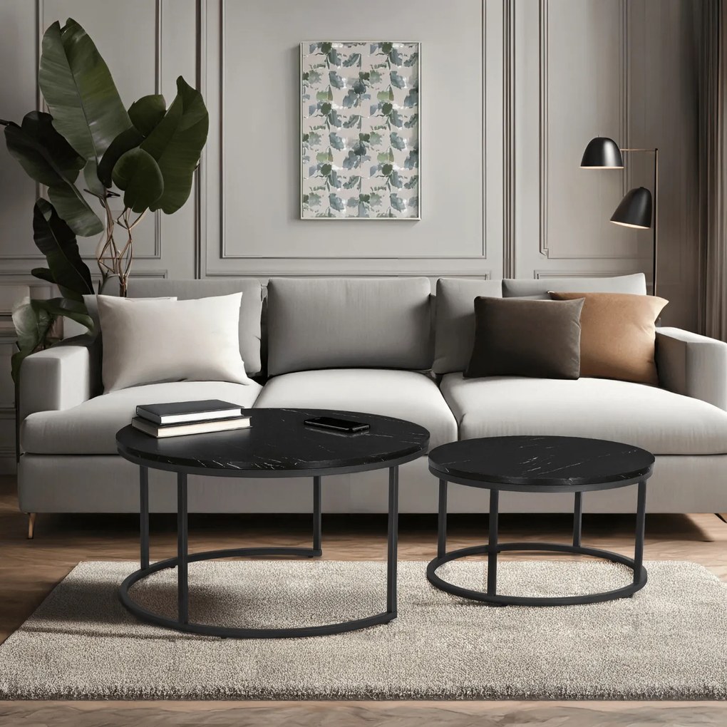 Zestaw Stolików Kawowych MAURO MAX 60 cm/80 cm Czarny Marmur Nowoczesny Glamour
