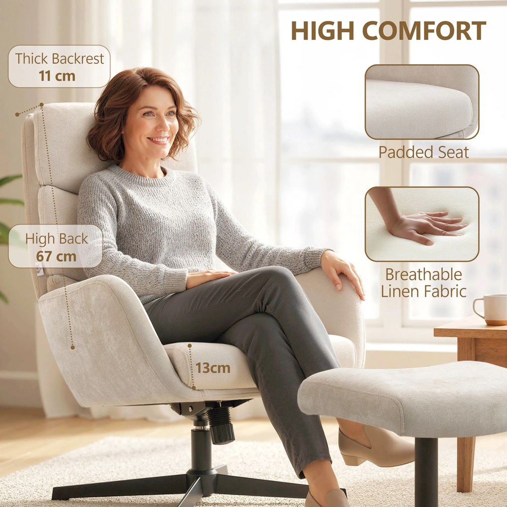 HOMCOM Tapicerowany fotel z podnóżkiem, fotel lounge z wysokim oparciem, metalowa podstawa, do salonu, sypialni, Beżowy | Aosom PL
