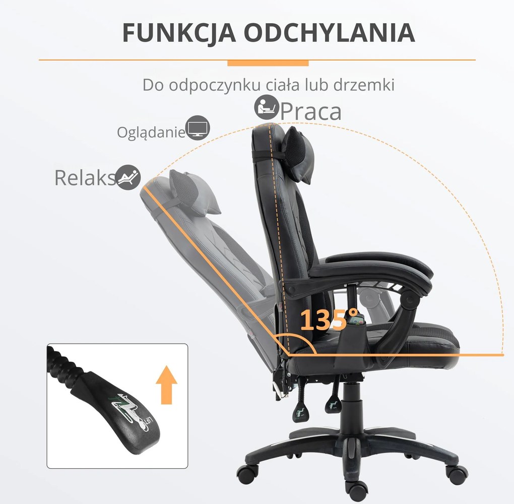 HOMCOM Fotel biurowy ergonomiczny obrotowy z masażem i ogrzewaniem czarny elegancki design | Aosom PL