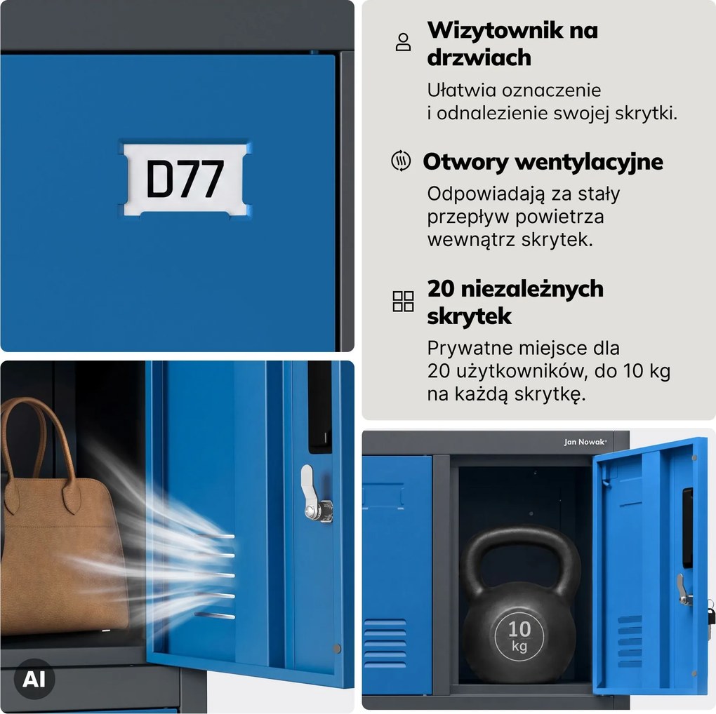 Szafa skrytkowa socjalna 20-skrytkowa na nóżkach antracytowo-niebieska, 1360x1720x450 mm: ROBERT