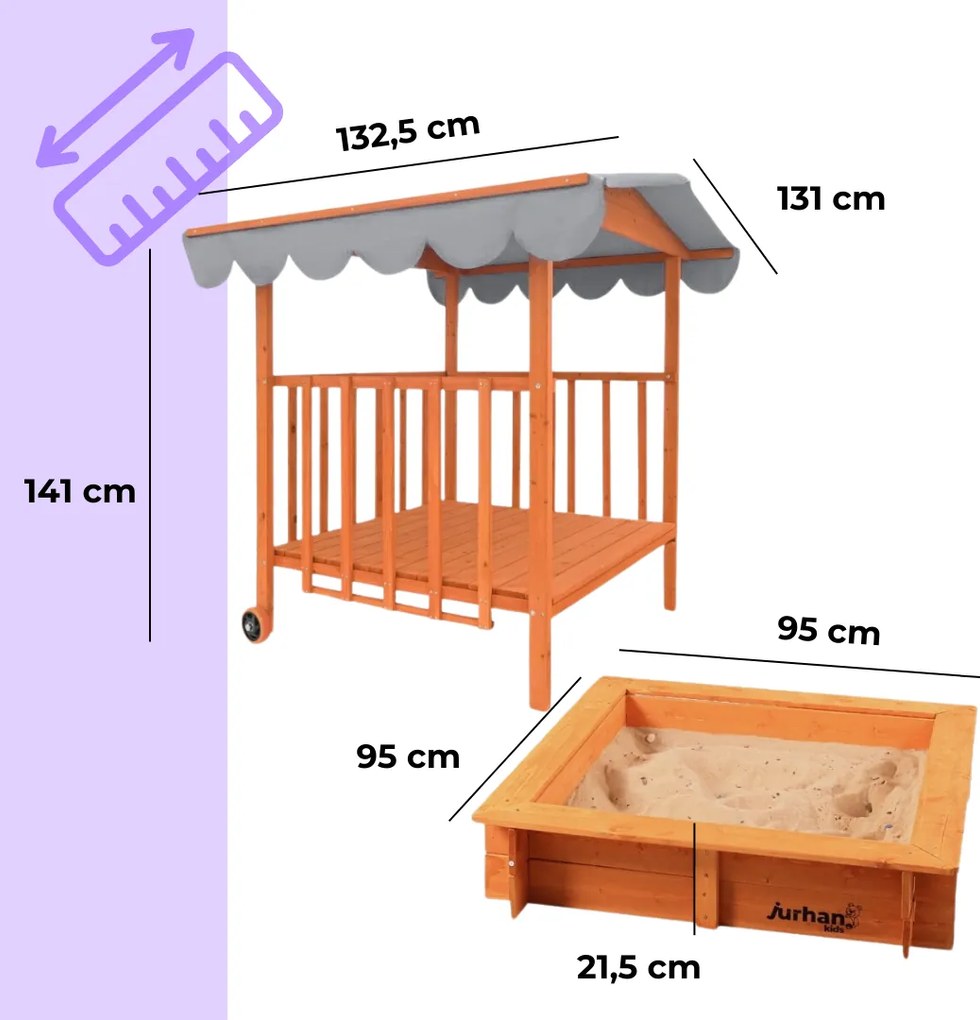 Piaskownica z werandą HAPPY, lita sosna 130 x 130 x 143 cm, brązowo szary Jurhan