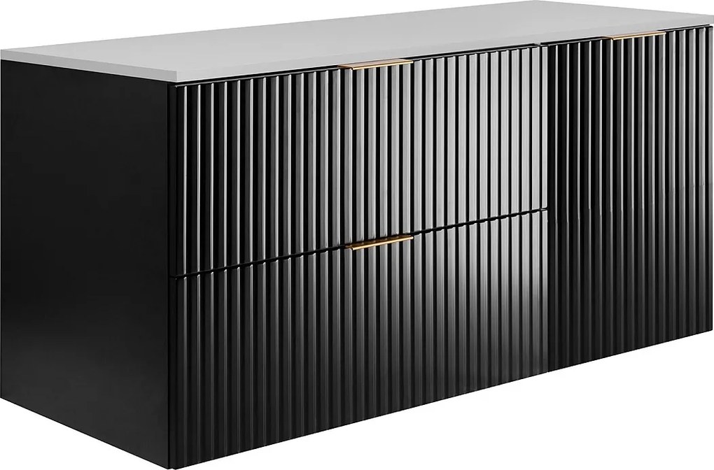 Zestaw łazienkowy: szafka z szufladami i szafka z drzwiami 57×46×120 cm, kolor: czarny / blat biały, uchwyt złoty