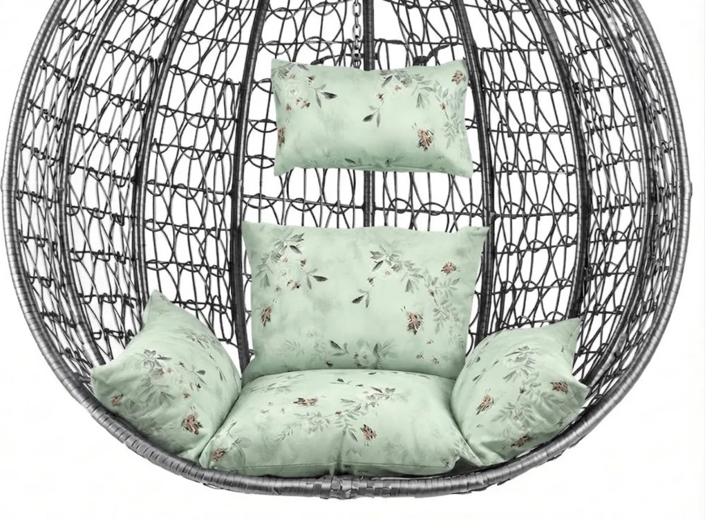 Szare wiszące krzesło KOKON bez stojaka, jasny zielony poduszka ze wzorem