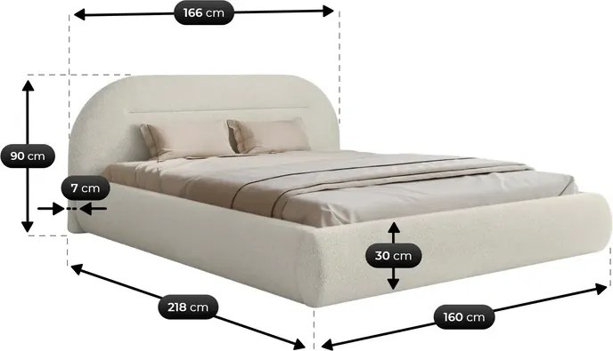 Łóżko Tapicerowane Slim 140x200 cm TASSO z Pojemnikiem Kremowe Boucle Japandi