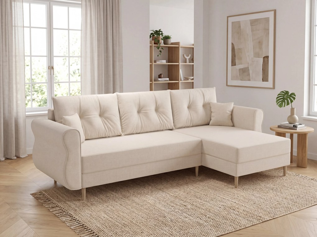 Rozkładana narożna sofa SILVIANO 230x140 cm, kremowa, uniwersalna