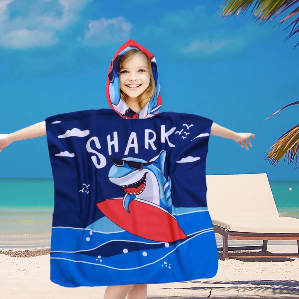 Dziecięce poncho SHARK niebieskie Rozmiar: 60 x 120 cm