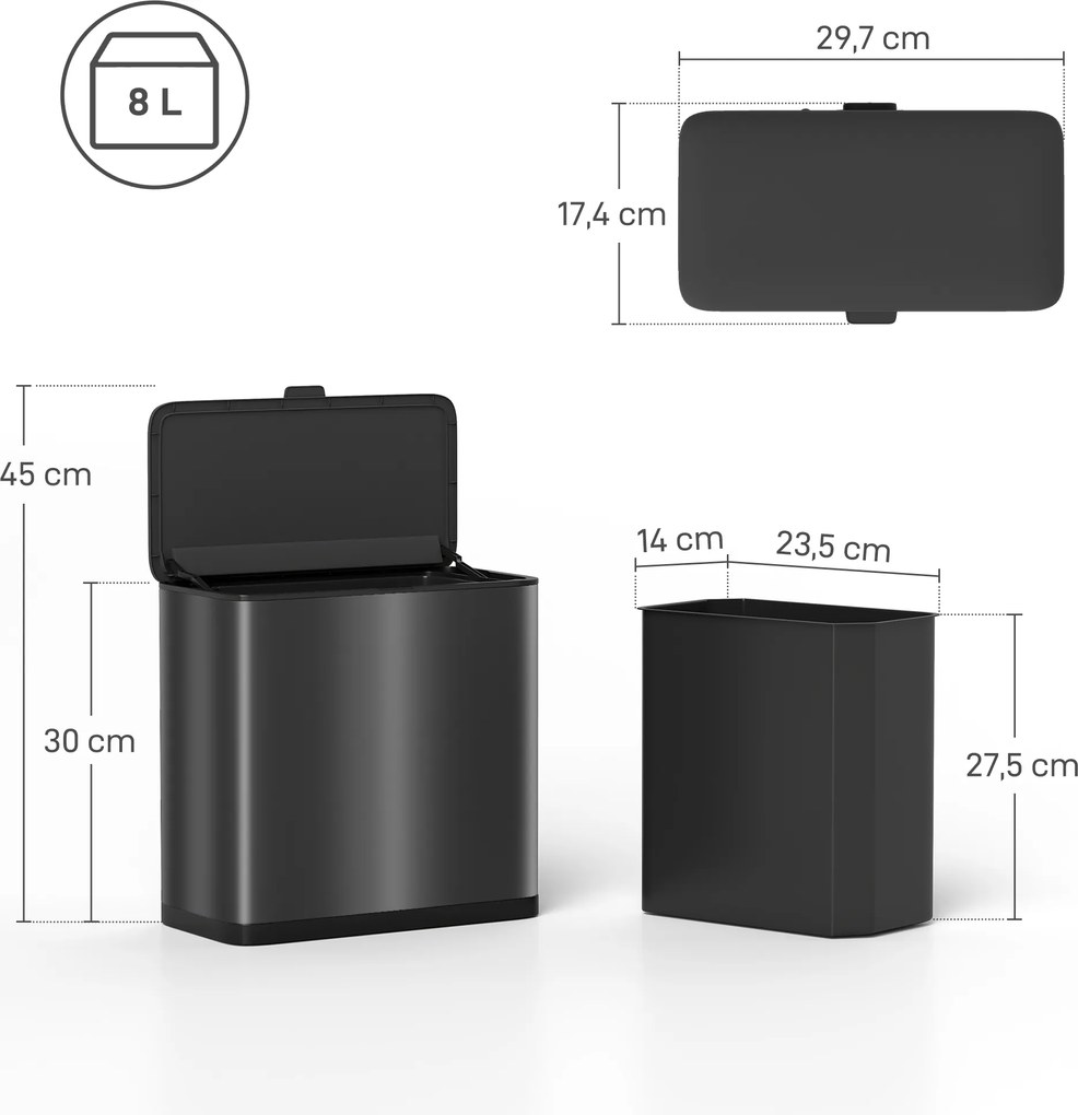 HOMCOM 8 L kosz na śmieci, ustawiany wolnostojąco lub wiszący, stal nierdzewna, czarny